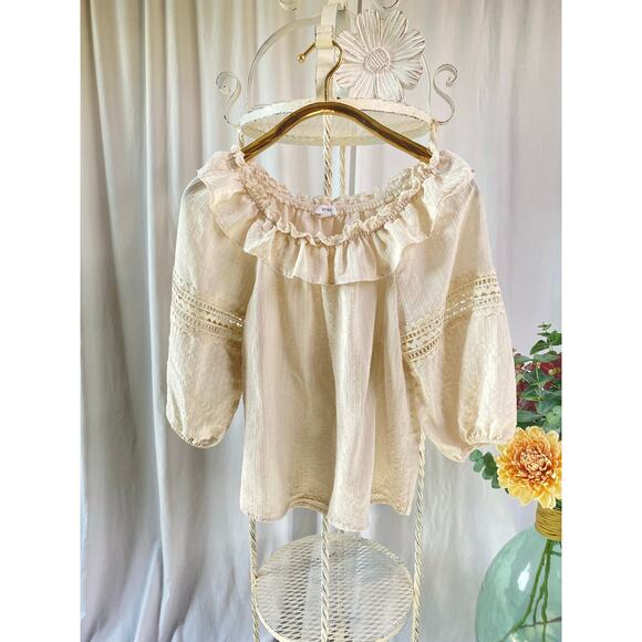 Mine Top Boho Peasant with Ruffle Neckline Embroidered Inset Sleeves Size Medium - Picture 2 of 7